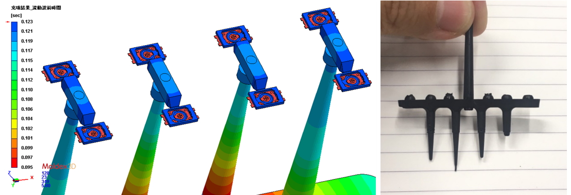 The T3C tact switch is one of the products with the highest output in Diptronics Manufacturing Inc. The main purpose of electronic switches is to turn on the circuit. This kind of product is easy to have air trap, weld line and lack of material in the manufacturing process, resulting in poor conduction of the product.  The team used Moldex3D to find out the solutions to balance the flow behavior of products, shorten the molding cycle, and improve appearance defects. Applying Moldex3D can effectively improve the product yield and reduce costs at the same time.