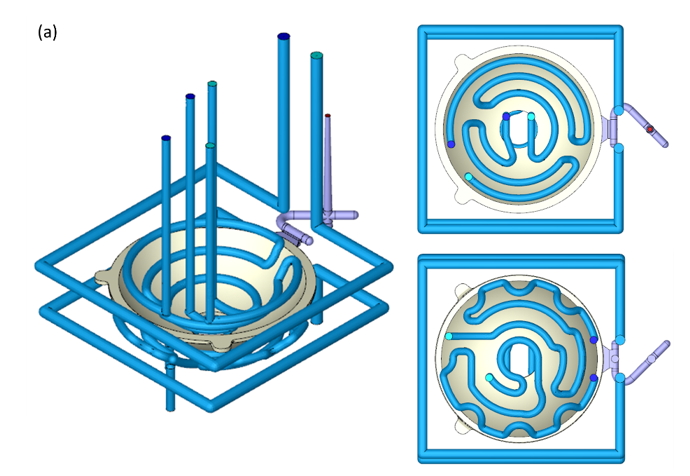 Adopting 3D printing, a conformal cooling channel was used to optimize the cooling effect. Two different kinds of conformal cooling channel (Fig. 4a and Fig. 4b) were developed in this study. The design in Fig. 4a replaced the baffles with a conformal cooling channel while the design in Fig. 4b optimized the system by increasing an additional cooling channel near the weld line.