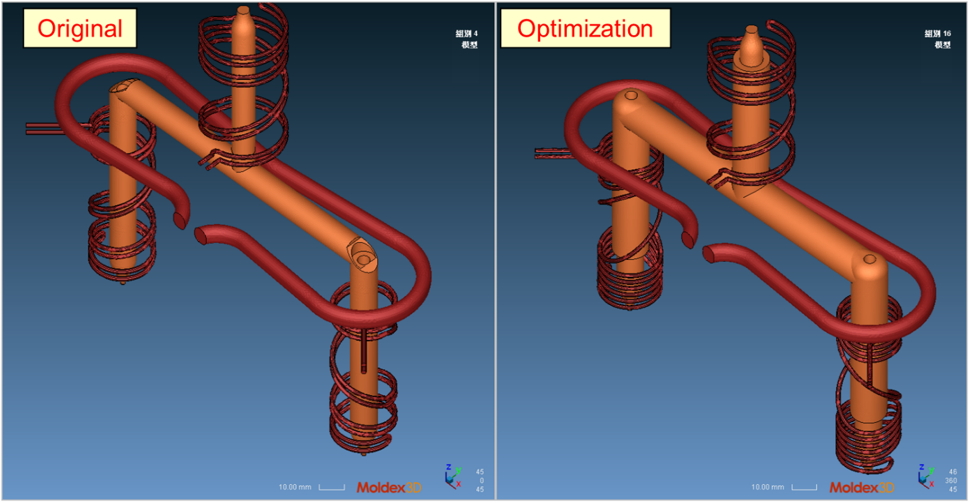 According to the analysis results above, Sunonwealth optimized the hot runner plate, heating coil and runner angle (Fig. 5). The analysis result after the optimized design is shown in Fig. 6. There was no longer a tendency of low temperature inside the hot runner, while the outside of the hot runner also had the same result.