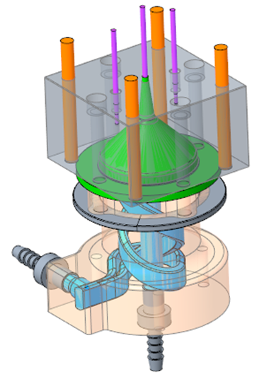 MGS made three different cooling fixture designs. Experiments were carried out on the cooling of the copper pin, isobar, and bubbler, and then the simulation results were compared with the experiment values. First, the CFD board was used in the actual experiment to measure the cooling rate, temperature, and pressure. As shown in Fig. 1, we can see the CFD board simulated cooling design configuration diagram. Fig. 2 is the fixture that houses three engineered cooling methods. The cooling fixture build was made up of 3D printed metal, tool steel, and SLA; The cooling fixture used cartridge heaters to supply heat to the fixture, and thermocouples were used to measure the temperature change of the heat block.