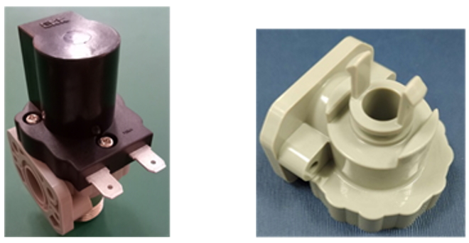 The product in this case is a solenoid valve used in automatic flushing urinals. The product material is crystalline plastic, POM, shown in Fig. 1. The product has thickness restrictions and high dimension accuracy requirements. Therefore, the designer used Moldex3D to determine the optimal gate locations and optimize the process conditions. The main objectives were to achieve: (1) high precision for the specific lip surfaces, (2) no surface defects, and (3) less internal void caused by uneven product thickness, as shown in Fig. 2.