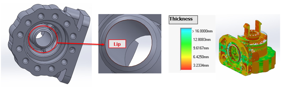 The product in this case is a solenoid valve used in automatic flushing urinals. The product material is crystalline plastic, POM, shown in Fig. 1. The product has thickness restrictions and high dimension accuracy requirements. Therefore, the designer used Moldex3D to determine the optimal gate locations and optimize the process conditions. The main objectives were to achieve: (1) high precision for the specific lip surfaces, (2) no surface defects, and (3) less internal void caused by uneven product thickness, as shown in Fig. 2.