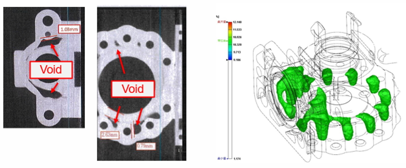 The initial void issue caused by the thick part and serious shrinkage may also affect the product rotation balance and part strength. Fig. 8 shows the cross section of voids through X-ray, and those void positions are consistent with the simulation result of volume shrinkage higher than 9%. Therefore, to attain a high strength product, the part volume shrinkage should be ensured to less than 9% during the optimization process.